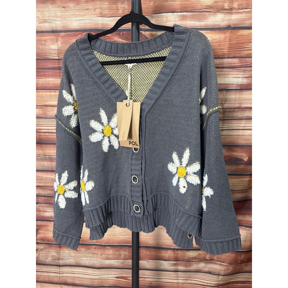 POL Daisy Bell Sleeve Hi Low Button Up Gray Cardigan Sz S
